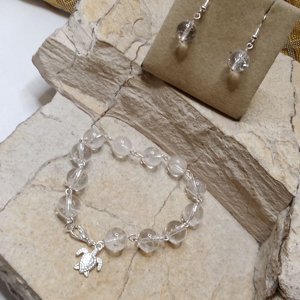 Rock Crystal Bracelet And Earrings Clear Jewelry Set Silver Plated